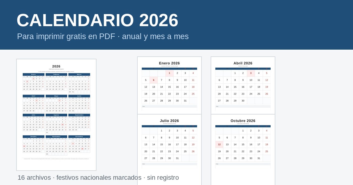 Calendario 2026 para Imprimir en PDF (Gratis)