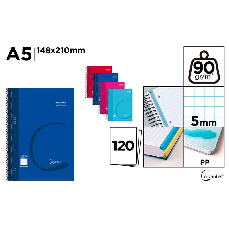 Cuaderno Cervantes Espiral A5 de Cuadrícula 5x5mm Tapa Dura de 120 Hojas 90g