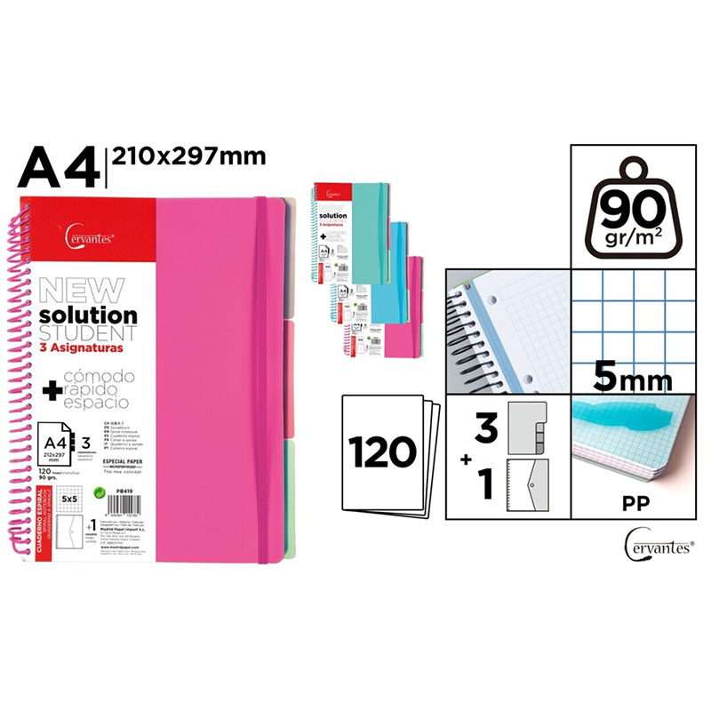 Cuaderno Cervantes Espiral A4 con 3 Separadores de Cuadrícula 5x5mm Tapa Dura de 120 Hojas 90g Rosa/Verde Agua/Celeste