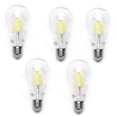 Pack 5 Bombillas de Filamento LED E27 ST64 8W Luz Fría 6500K