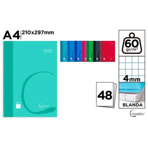 Cuaderno Cervantes Grapado A4 de Cuadrícula 4x4mm Tapa Blanda de 48 Hojas 60g