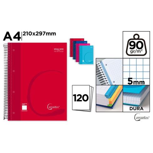 Cuaderno Cervantes Espiral A4 de Cuadrícula 5x5mm Tapa ExtraDura de 120 Hojas 90g