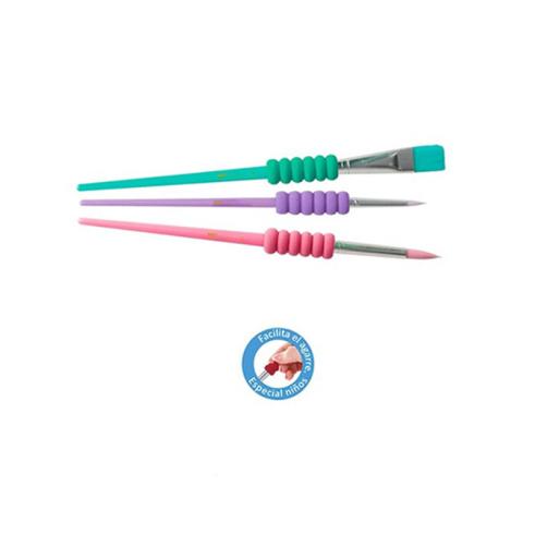 Pincel Infantil Fácil Agarre 3u (Azul Turquesa/Morado/Rosa)