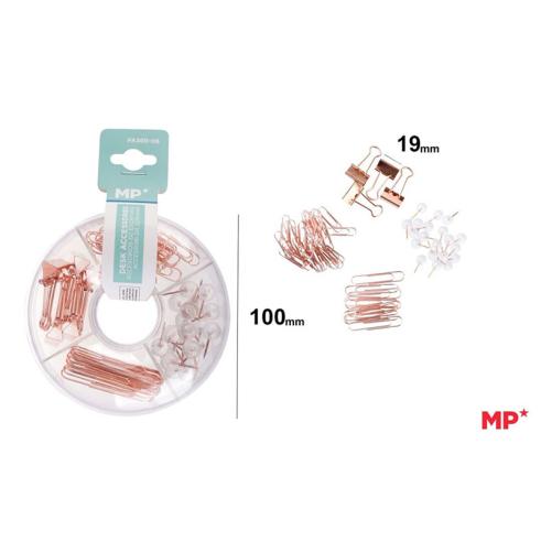 Accesorios de Escritorio Rose Gold - Rosquilla con Pinzas, Clips de 2 tamaños y Chinchetas