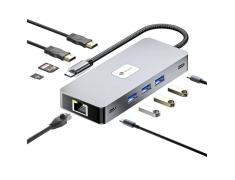 Adaptador Leotec 10 en 1 USB-C a 2xHDMI, 3xUSB-A 3.0, 1xUSB-C PD, 1xUSB-C, 1xRJ45, 1xTF/SD+1xMicroSD Color Gris