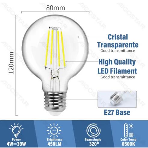 Bombilla de Filamento LED E27 G80 4W Luz Cálida 6500K