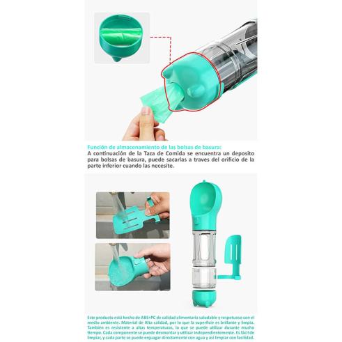 Botella de Agua Multifuncional para Mascotas Turquesa 300ml