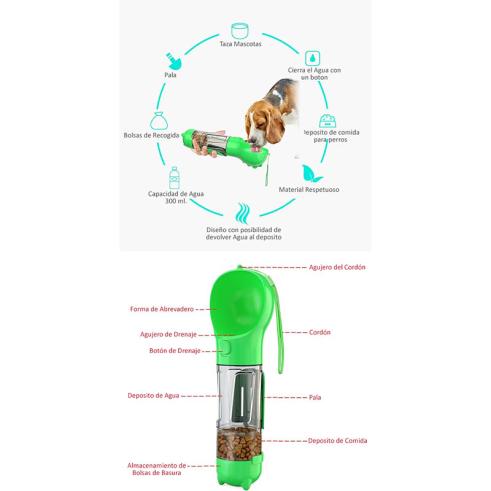 Botella de Agua Multifuncional para Mascotas Verde 300ml