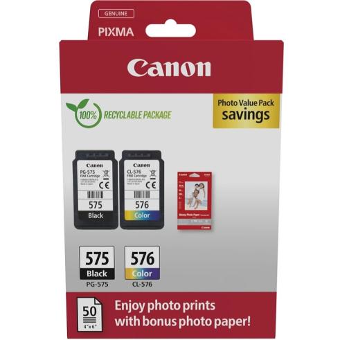 Canon PG-575/CL-576 Pack de Cartuchos Originales + 50 Hojas de Papel Fotografico