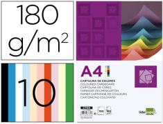 CARTULINA SURTIDO 10 COLORES A4 180g/m2 LIDERPAPEL(100 unidades)