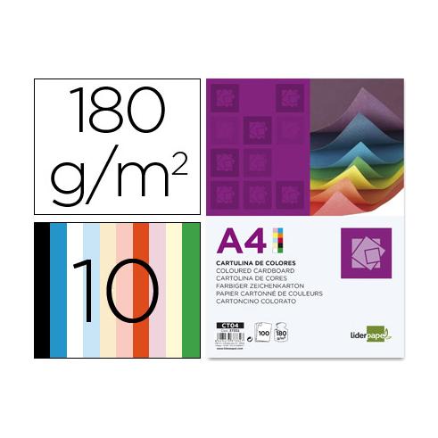 CARTULINA SURTIDO 10 COLORES A4 180g/m2 LIDERPAPEL(100 unidades)