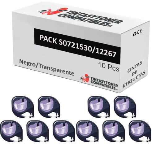 Compatible Pack 10x Dymo LetraTag S0721530 Negro / Transparente