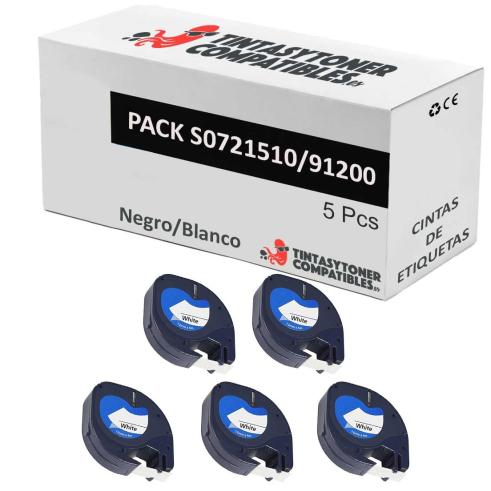 Compatible PACK 5X Dymo LetraTag S0721510 Negro / Blanco