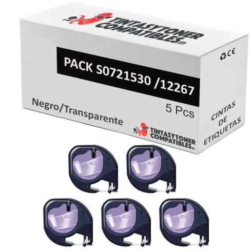 Compatible Pack 5x Dymo LetraTag S0721530 Negro / Transparente