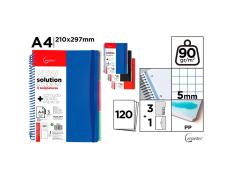 Cuaderno Cervantes Espiral A4 con 3 Separadores de Cuadrícula 5x5mm Tapa Dura de 120 Hojas 90g Azul/Negro/Rojo