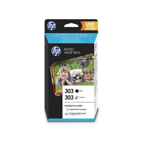 HP 303 Negro + Color Pack de 2 Cartuchos de Tinta Originales + 40 Hojas de Papel Fotográfico