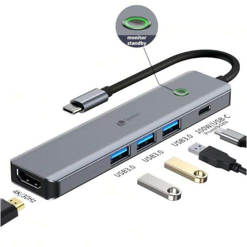 Leotec Adaptador 5 en 1 USB-C a 1xHDMI, 3xUSB-A 3.0, 1xPD 100W+USB-C Color Gris