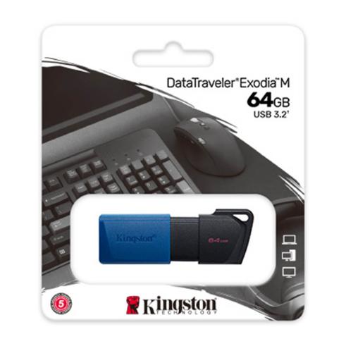 Memoria USB Kingston DataTraveler Exodia M 64GB - USB 3.2 Gen 1 - Capuchón Móvil - Enganche para Llavero - Color Negro/Azul