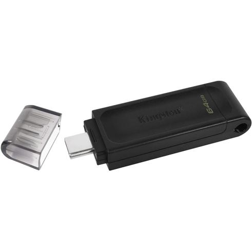Memoria USB Tipo C Kingston DataTraveler 70 - 64GB - USB-C 3.2 Gen 1 - Con Tapa - Color Negro