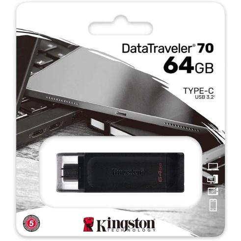 Memoria USB Tipo C Kingston DataTraveler 70 - 64GB - USB-C 3.2 Gen 1 - Con Tapa - Color Negro