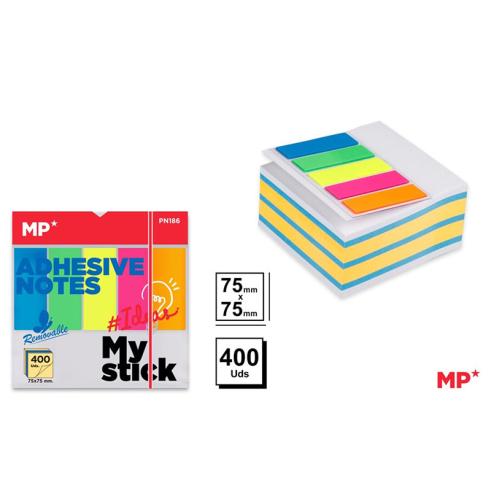 Notas Adhesivas 3 Colores (naranja, blanco y azul) 75x75mm 400 Hojas + Banderitas 5 Colores