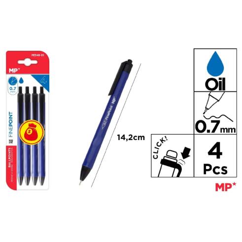 Pack de 4 Bolígrafos de Tinta de Aceite 0,7 mm Azul MP