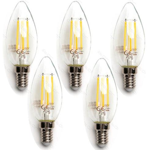 Pack de 5 Bombillas de Filamento LED E14 C35 4W Luz Fría 6500K