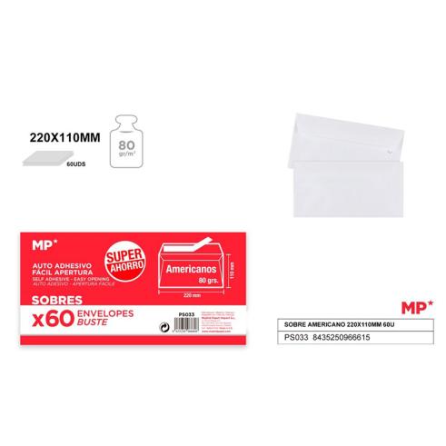 Pack de 60 unidades de Sobre Americano Blanco 220x110mm