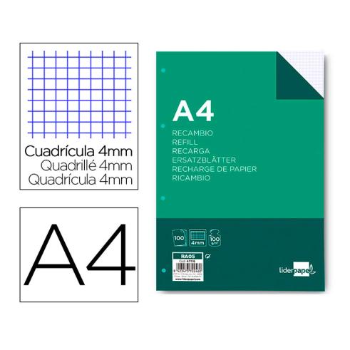 Recambios Folios Cuadriculados 4mm 4 Taladros A4 100 hojas 100g/m2