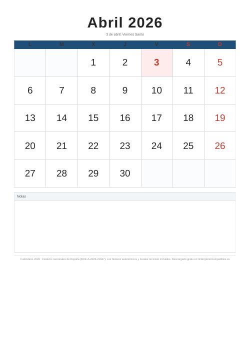 Calendario abril 2026 para imprimir