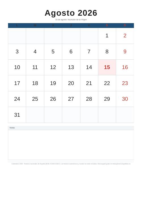 Calendario agosto 2026 para imprimir