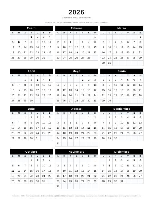 Calendario 2026 anual en blanco y negro