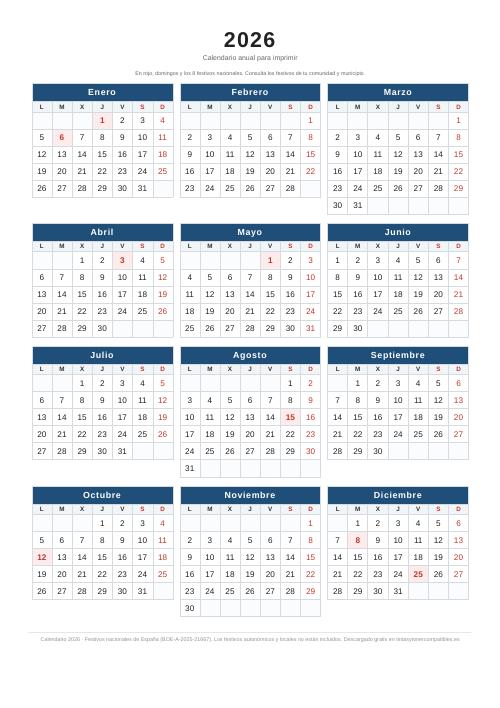 Calendario 2026 anual en color