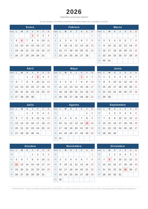Calendario 2026 con número de semana