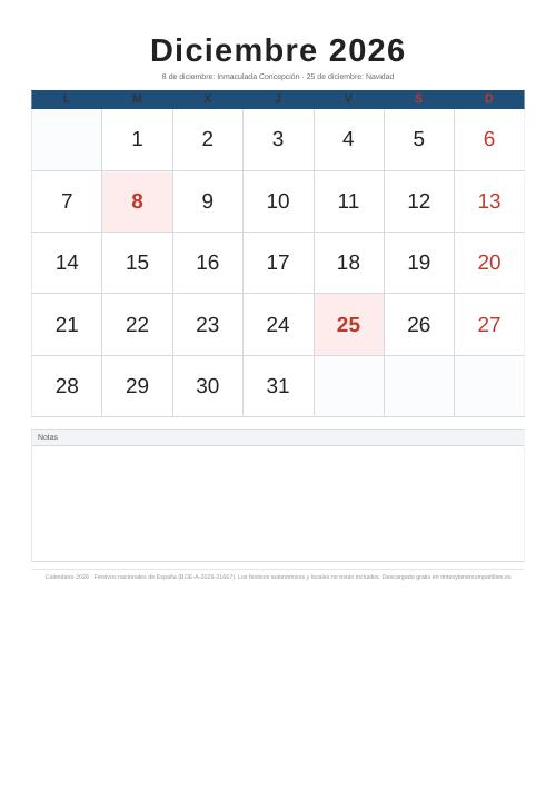 Calendario diciembre 2026 para imprimir
