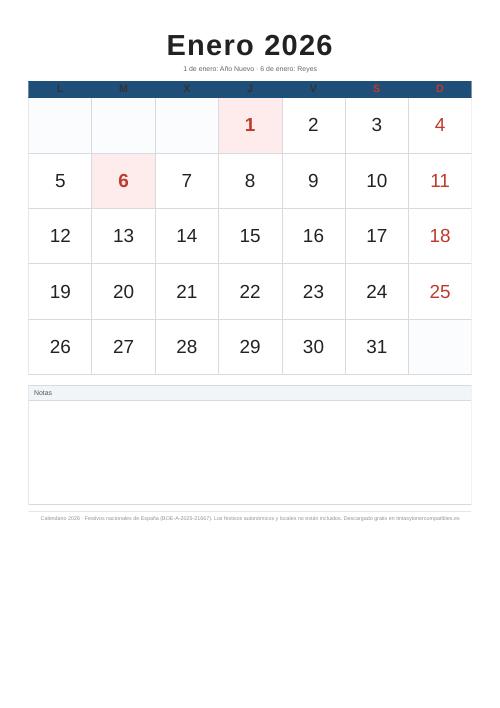 Calendario enero 2026 para imprimir