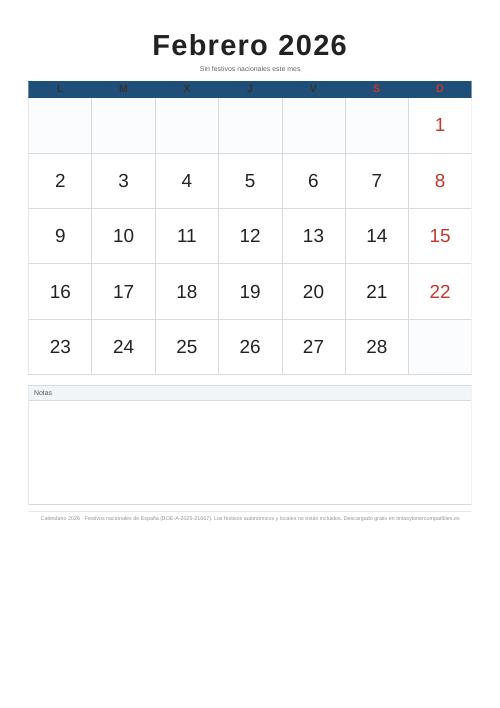 Calendario febrero 2026 para imprimir
