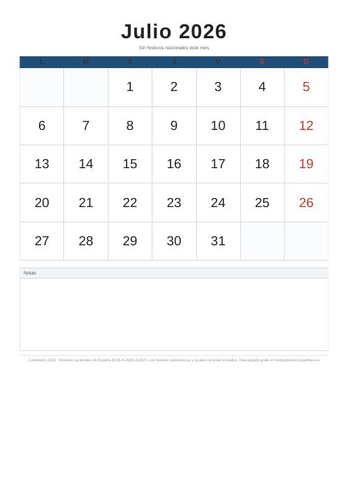Calendario julio 2026 para imprimir