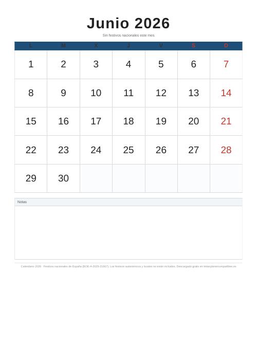 Calendario junio 2026 para imprimir