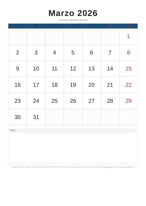 Calendario marzo 2026 para imprimir