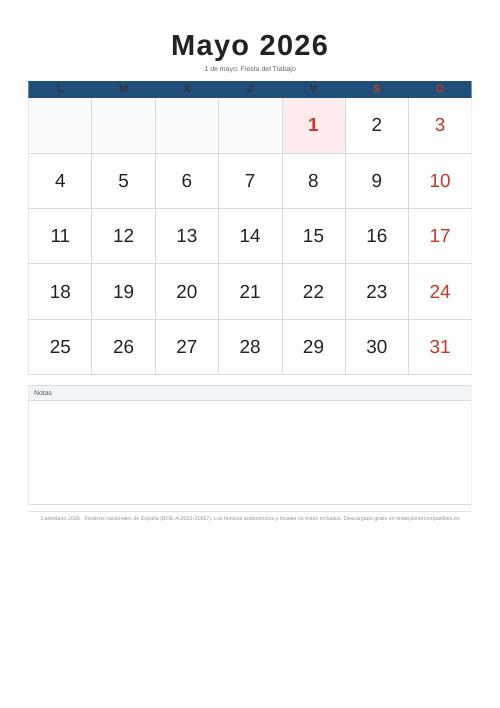Calendario mayo 2026 para imprimir