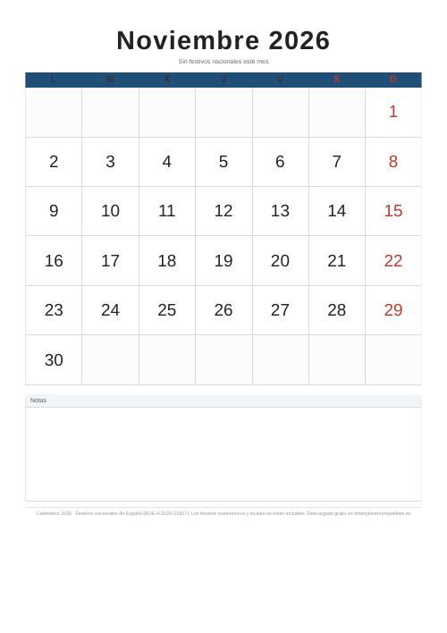 Calendario noviembre 2026 para imprimir