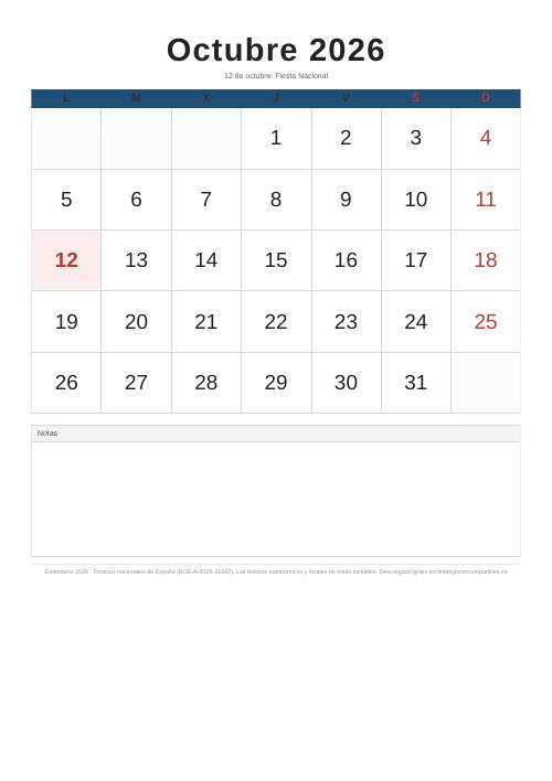 Calendario octubre 2026 para imprimir