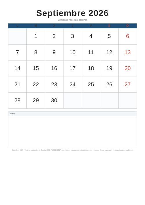 Calendario septiembre 2026 para imprimir